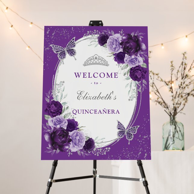 Violet Silver Quinceanera Mis Quince Anos Welcome Foam Board (In Situ (Stand))
