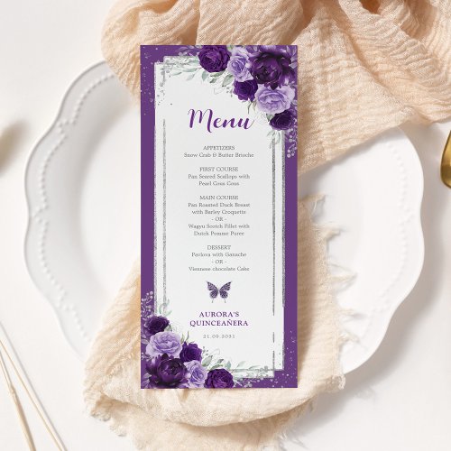 Violet Silver Roses Quinceanera Birthday Menu Card