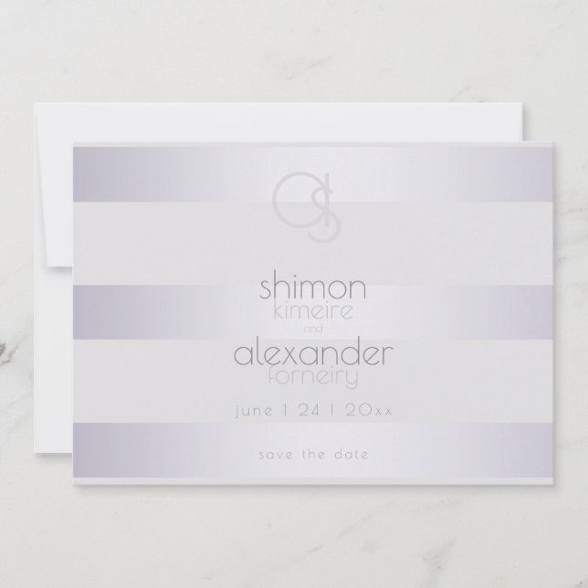 Violet Silver  Shimmer Stripes Monogram2 Save The Date (Front)