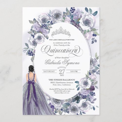 Violet Silver White Watercolor Floral Quinceanera  Invitation