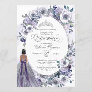 Violet Silver White Watercolor Floral Quinceanera Invitation