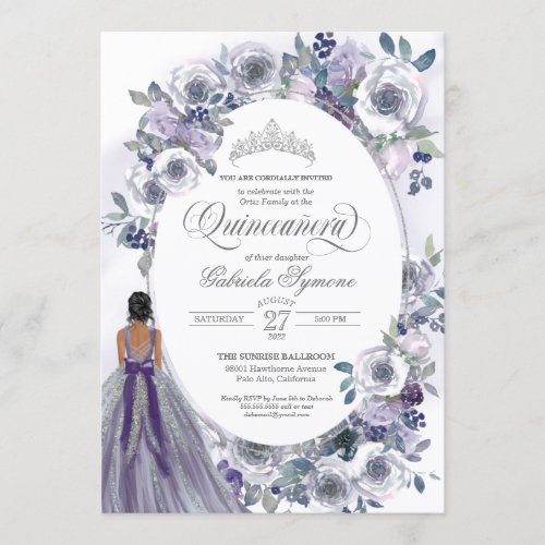 Violet Silver White Watercolor Floral Quinceanera  Invitation