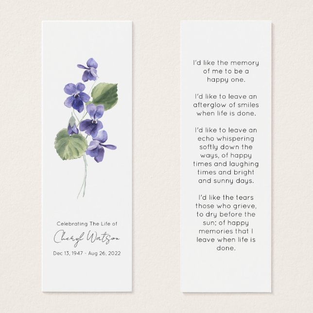 Violet | Simple Funeral Memorial Mini Bookmark (Front & Back)