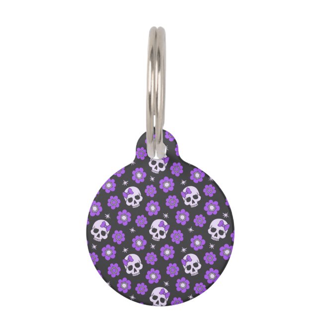Violet Skulls and Flowers Pet ID Tag (Front)