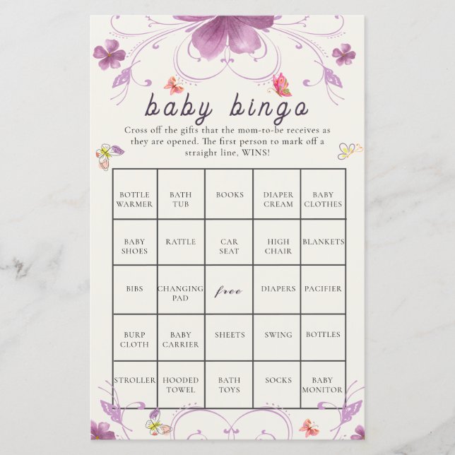 Violet Spring Butterfly Floral Baby Shower Bingo (Front)