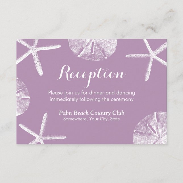 Violet Starfish & Sand Dollar Wedding Reception Enclosure Card (Front)