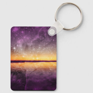 Violet Stars and Sunset Lake Pet Tag Keychain