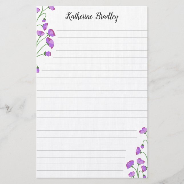 Violet Sweet Pea Floral Add Names Lined Stationery (Front)
