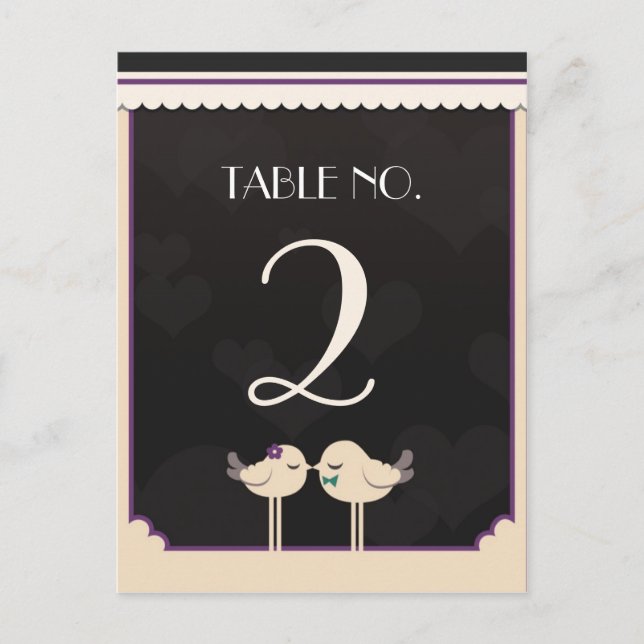 Violet Teal Love Birds Table Number Card (Front)