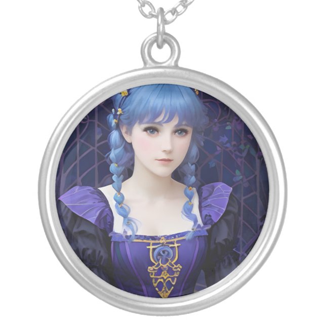 Violet the Cute Dark Academia Girl Fantasy Art Silver Plated Necklace (Front)
