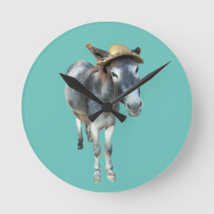 Violet the Donkey in Straw Hat with Flowers Round Clock