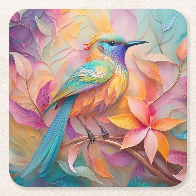 Violet Throated Songbird Fantasy Bird Square Paper Coaster (Front)