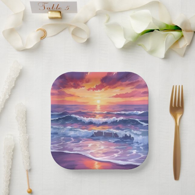 Violet Tide | Purple Sunset Ocean Waves Painted Paper Plates (Wedding)