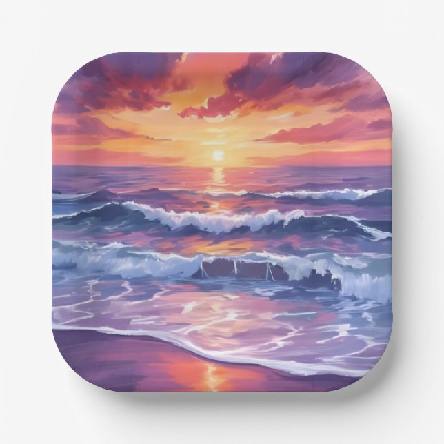 Violet Tide | Purple Sunset Ocean Waves Painted Paper Plates (Front)