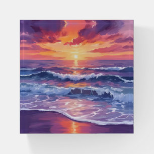 Violet Tide Purple Sunset Ocean Waves Painted Paperweight