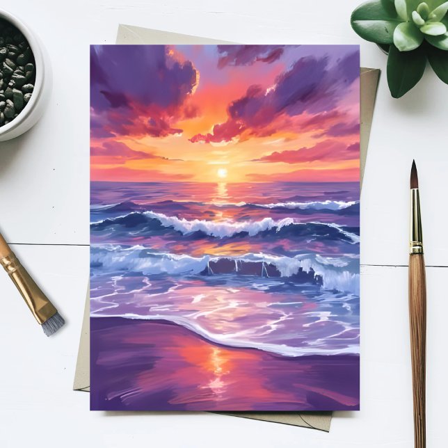 Violet Tide | Purple Sunset Ocean Waves Painted Postcard (Creator Uploaded)