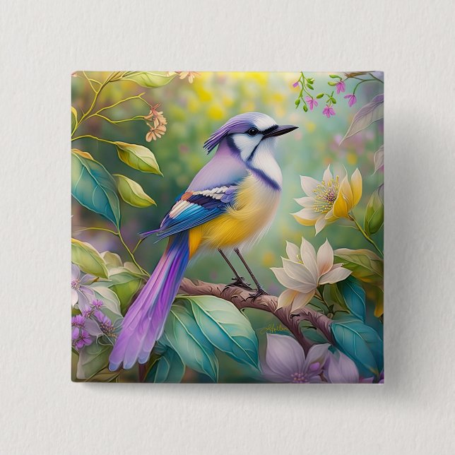 Violet Tufted Jay Fantasy Bird Button (Front)
