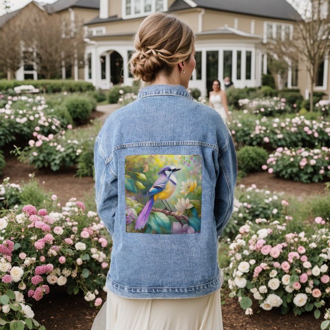 Violet Tufted Jay Fantasy Bird Denim Jacket (Wedding Back)