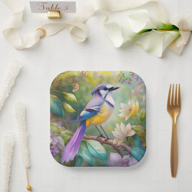 Violet Tufted Jay Fantasy Bird Paper Plates (Wedding)