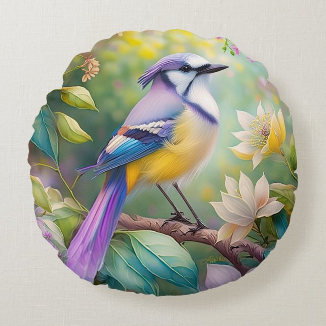Violet Tufted Jay Fantasy Bird Round Pillow (Front)