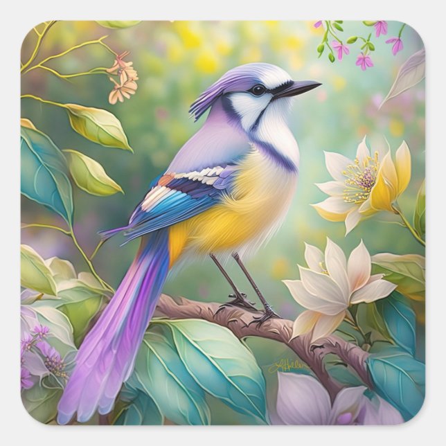 Violet Tufted Jay Fantasy Bird Square Sticker (Front)