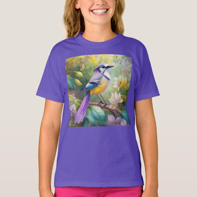 Violet Tufted Jay Fantasy Bird T-Shirt (Front)