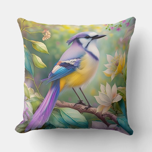 Violet Tufted Jay Fantasy Bird Throw Pillow (Front)