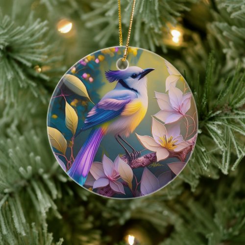 Violet Tufted Yellow Breasted Fantasy Bird Ceramic Ornament