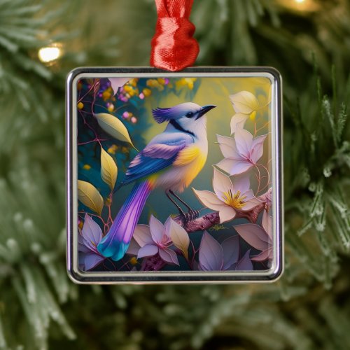 Violet Tufted Yellow Breasted Fantasy Bird Metal Ornament