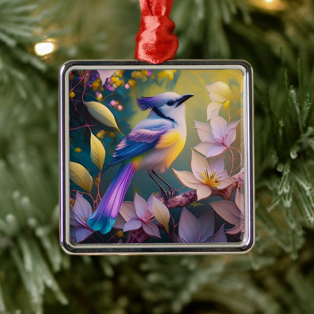 Violet Tufted Yellow Breasted Fantasy Bird Metal Ornament (Tree)