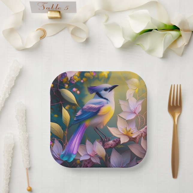 Violet Tufted Yellow Breasted Fantasy Bird Paper Plates (Wedding)