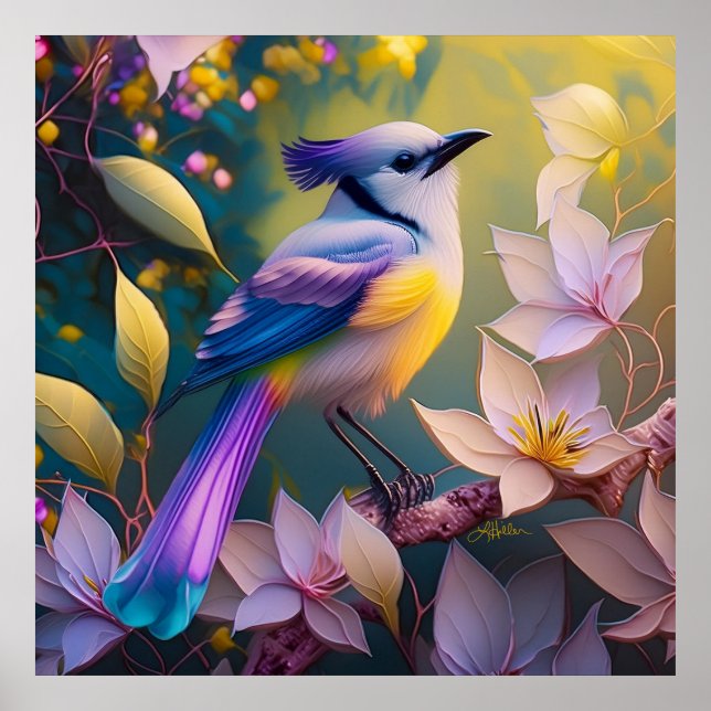 Violet Tufted Yellow Breasted Fantasy Bird Poster (Front)