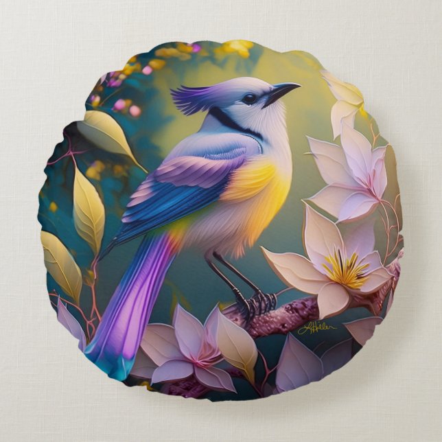 Violet Tufted Yellow Breasted Fantasy Bird Round Pillow (Front)