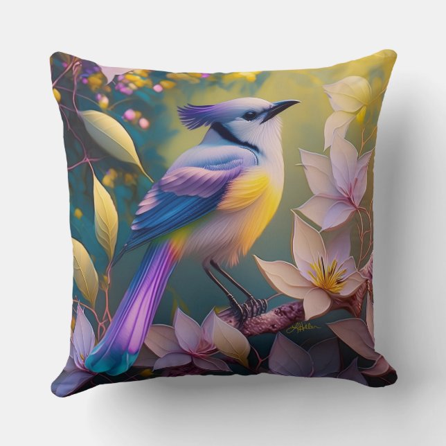 Violet Tufted Yellow Breasted Fantasy Bird Throw Pillow (Back)