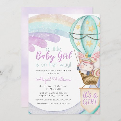 Violet Unicorn Rainbow Balloon Girl Baby Shower Invitation