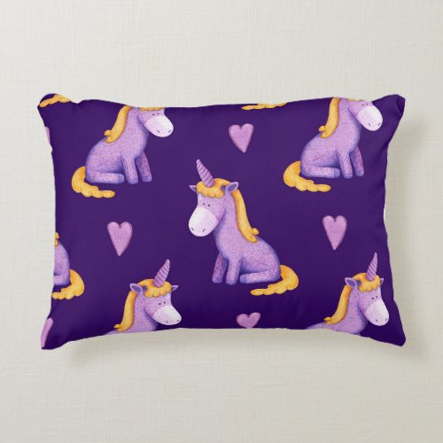 Violet Unicorns Hearts Watercolor Pattern Accent Pillow