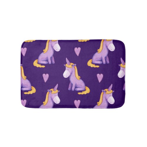 Violet Unicorns Hearts Watercolor Pattern Bath Mat