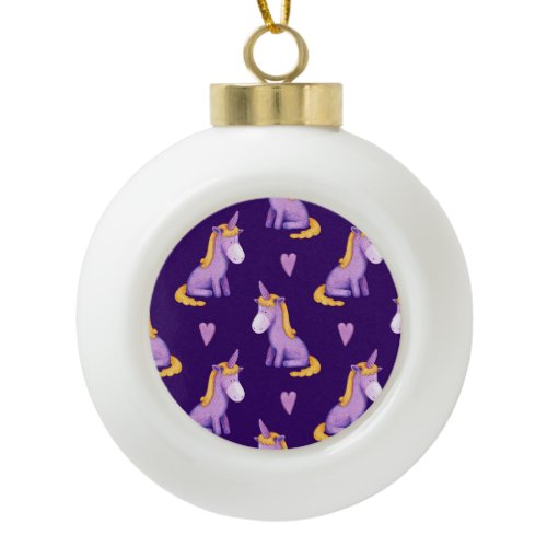 Violet Unicorns Hearts Watercolor Pattern. Ceramic Ball Christmas Ornament