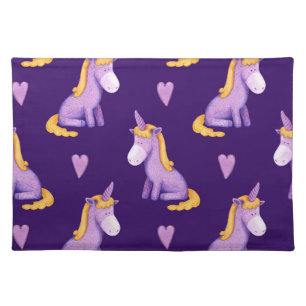 Violet Unicorns Hearts Watercolor Pattern. Cloth Placemat