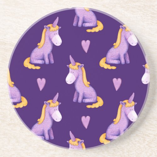 Violet Unicorns Hearts Watercolor Pattern Coaster