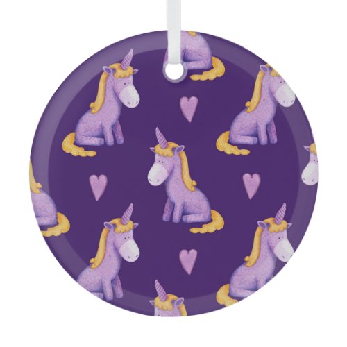 Violet Unicorns Hearts Watercolor Pattern. Glass Ornament