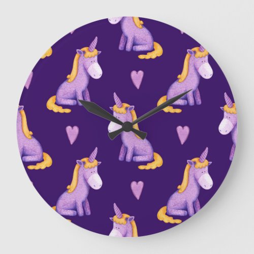 Violet Unicorns Hearts Watercolor Pattern Large Clock