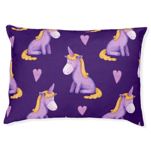 Violet Unicorns Hearts Watercolor Pattern Pet Bed