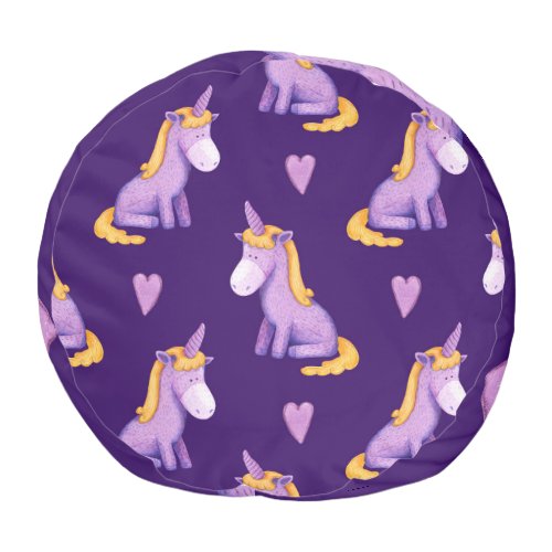 Violet Unicorns Hearts Watercolor Pattern Pouf