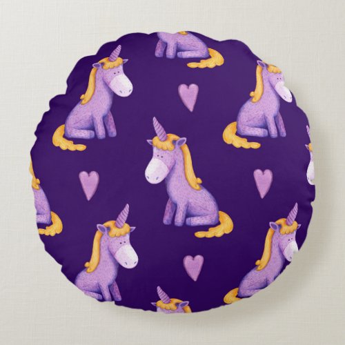 Violet Unicorns Hearts Watercolor Pattern Round Pillow