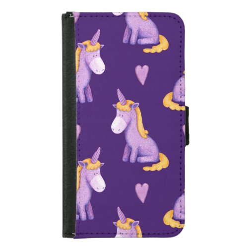 Violet Unicorns Hearts Watercolor Pattern Samsung Galaxy S5 Wallet Case