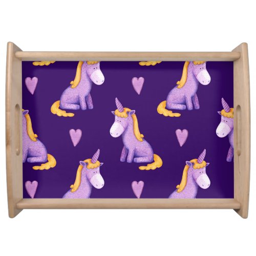 Violet Unicorns Hearts Watercolor Pattern Serving Tray