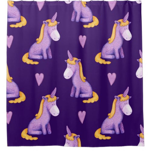 Violet Unicorns Hearts Watercolor Pattern Shower Curtain