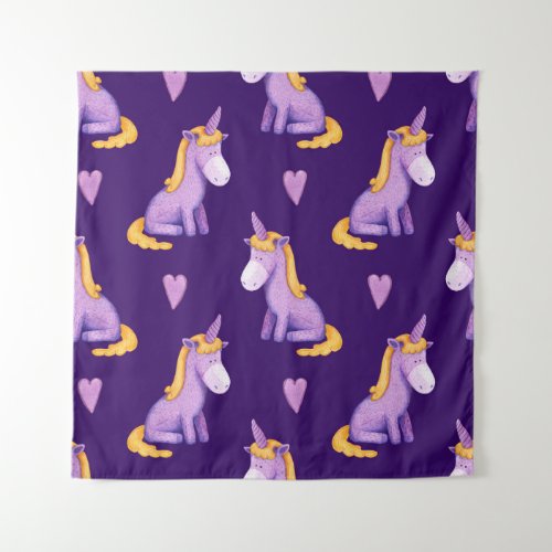 Violet Unicorns Hearts Watercolor Pattern Tapestry