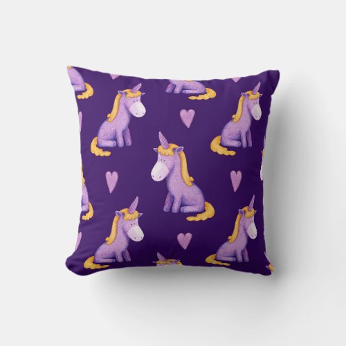 Violet Unicorns Hearts Watercolor Pattern Throw Pillow